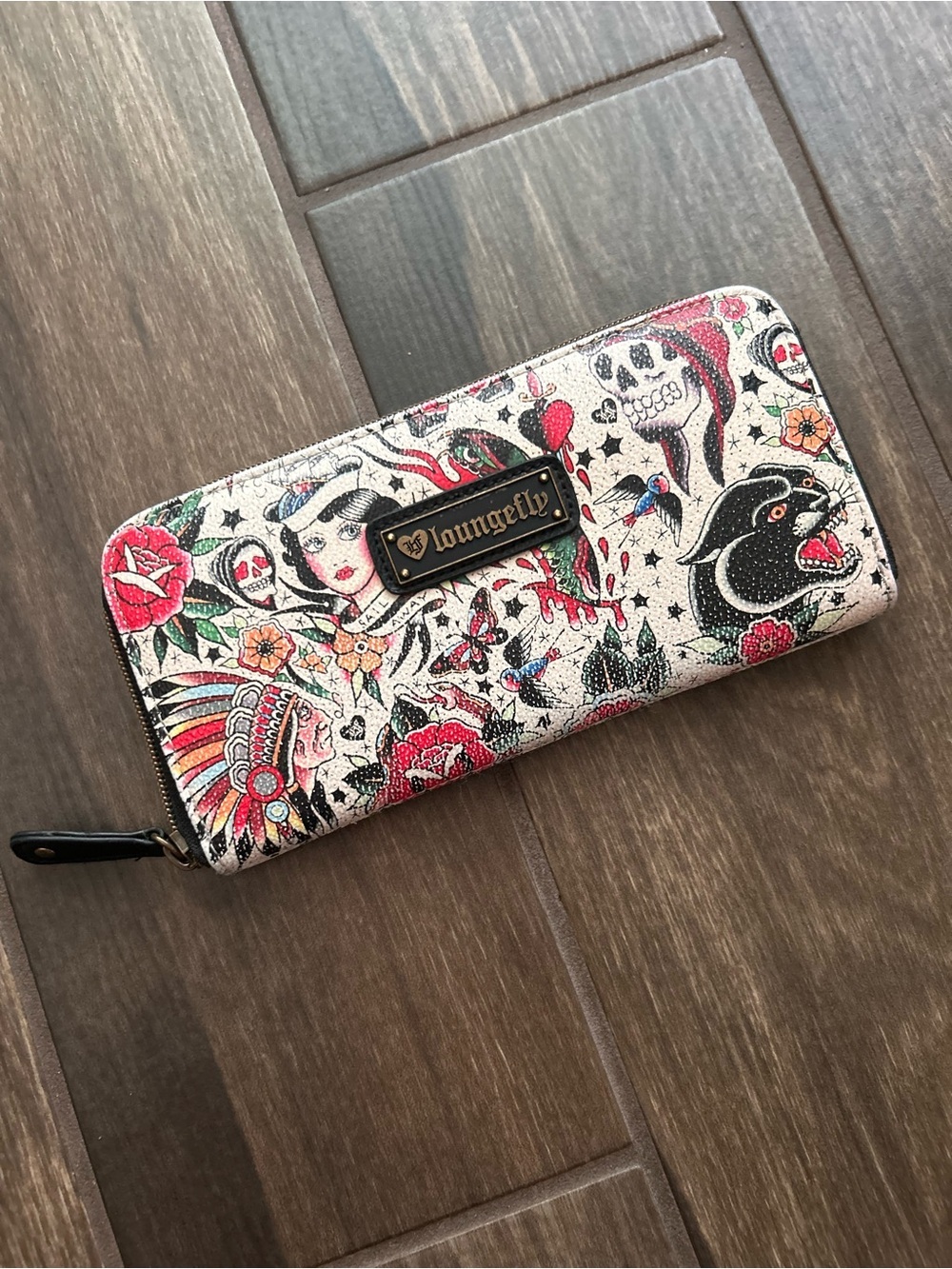 Loungefly Classic Sailor Tattoo Printed Pebbled Wallet in Tan/Multi